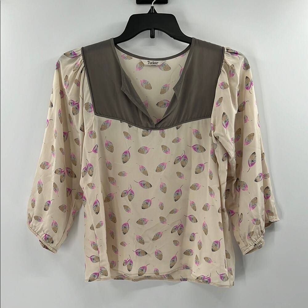 Tucker 100% Silk Feather Blouse - Ivory Multi - Small